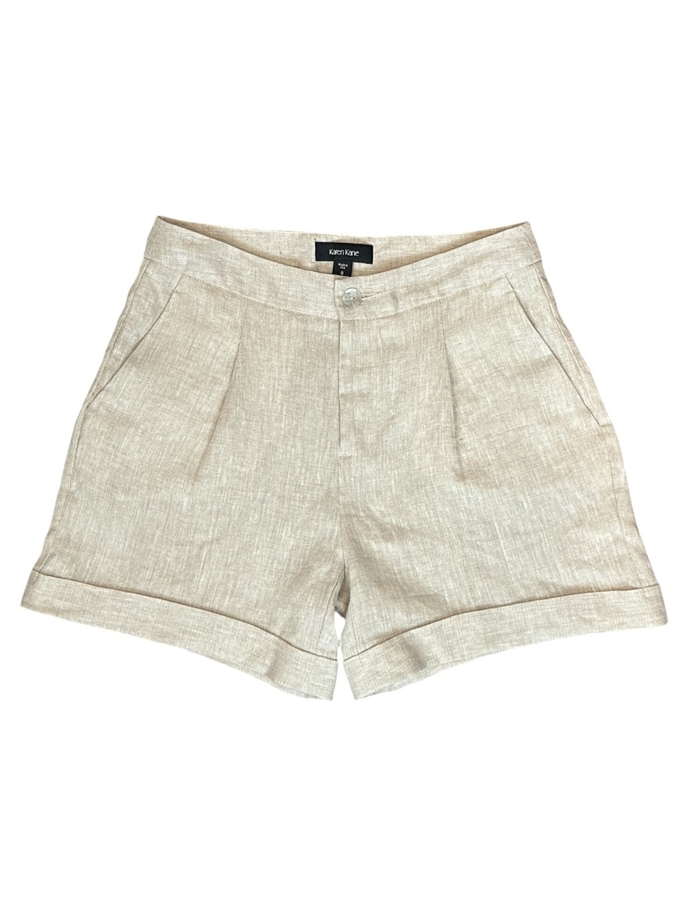 Karen Kane 100% Linen Hi Rise Pleated Cuffed Shorts Desert Breeze Beige Women 8